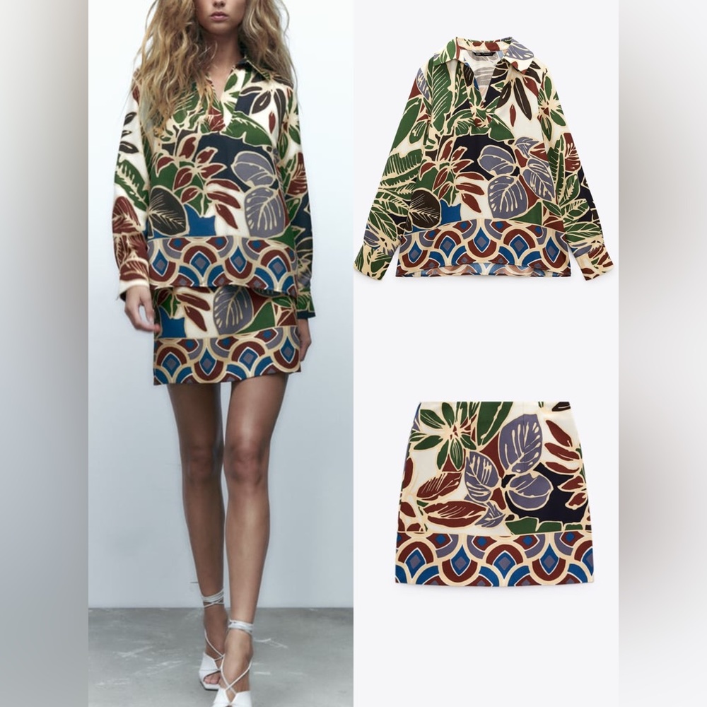 Zara 2 piece set printed shirt and skirt